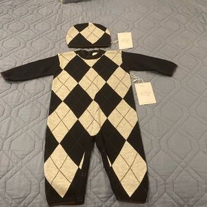 Baby boy argyle knit onesie and matching beanie.